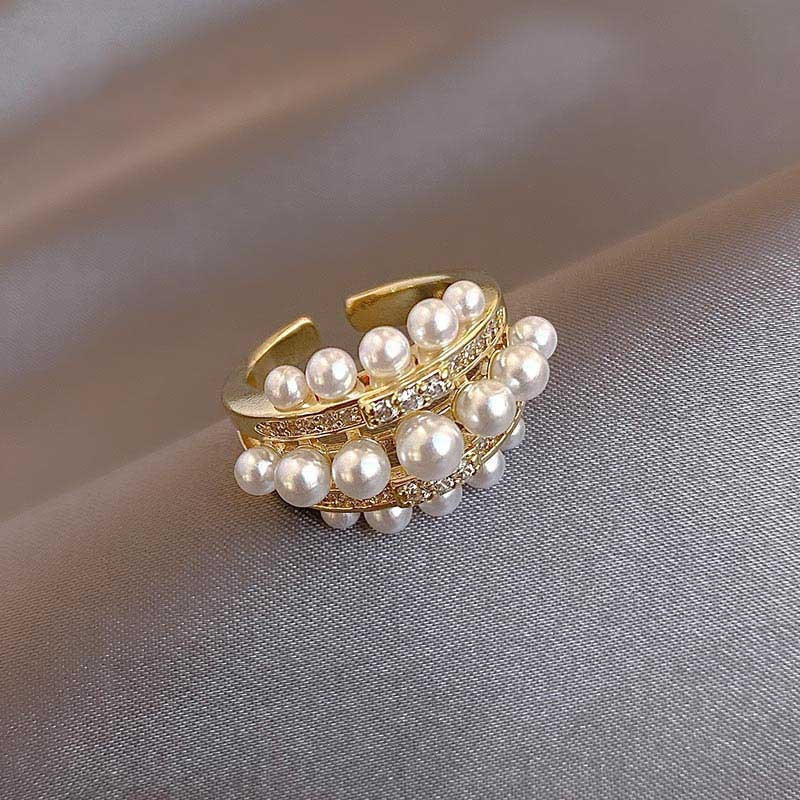 Faux Pearl Ring Zircon Adjustable Open Ring Party Jewelry Christmas Gift